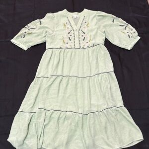 Anthropologie Fig+Flower Embroidered Midi Dress in Soft Green